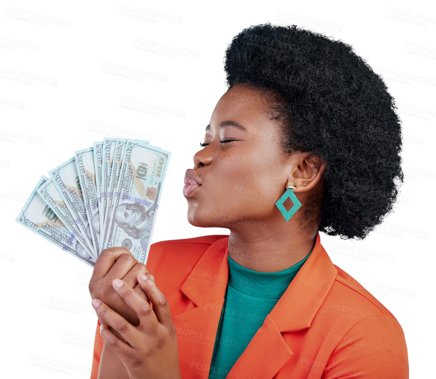 Buy stock photo Money, kiss and black woman with bank, payment or loan on isolated, transparent or png background. Cash, emoji and face of lady winner with bingo, poker or casino award, investment or budget success