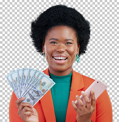 Buy stock photo Isolated black woman, cash fan and phone for wow, shock or portrait by transparent png background. Girl, investor or trader with smartphone, profit and money for win, giveaway or prize on fintech app