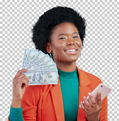 Buy stock photo Money fan, phone and portrait of happy black woman with cashback on isolated, transparent or png background. Cash, face and African female with smartphone app for credit score, invest or online poker