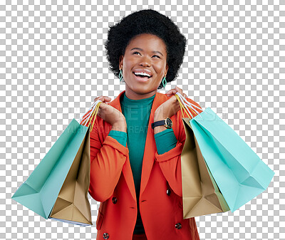 Buy stock photo Retail, sale and happy black woman with shopping bags, deal or store promotion on isolated, transparent or png background. Smile, face of African female customer with mall deal, news or cashback gift