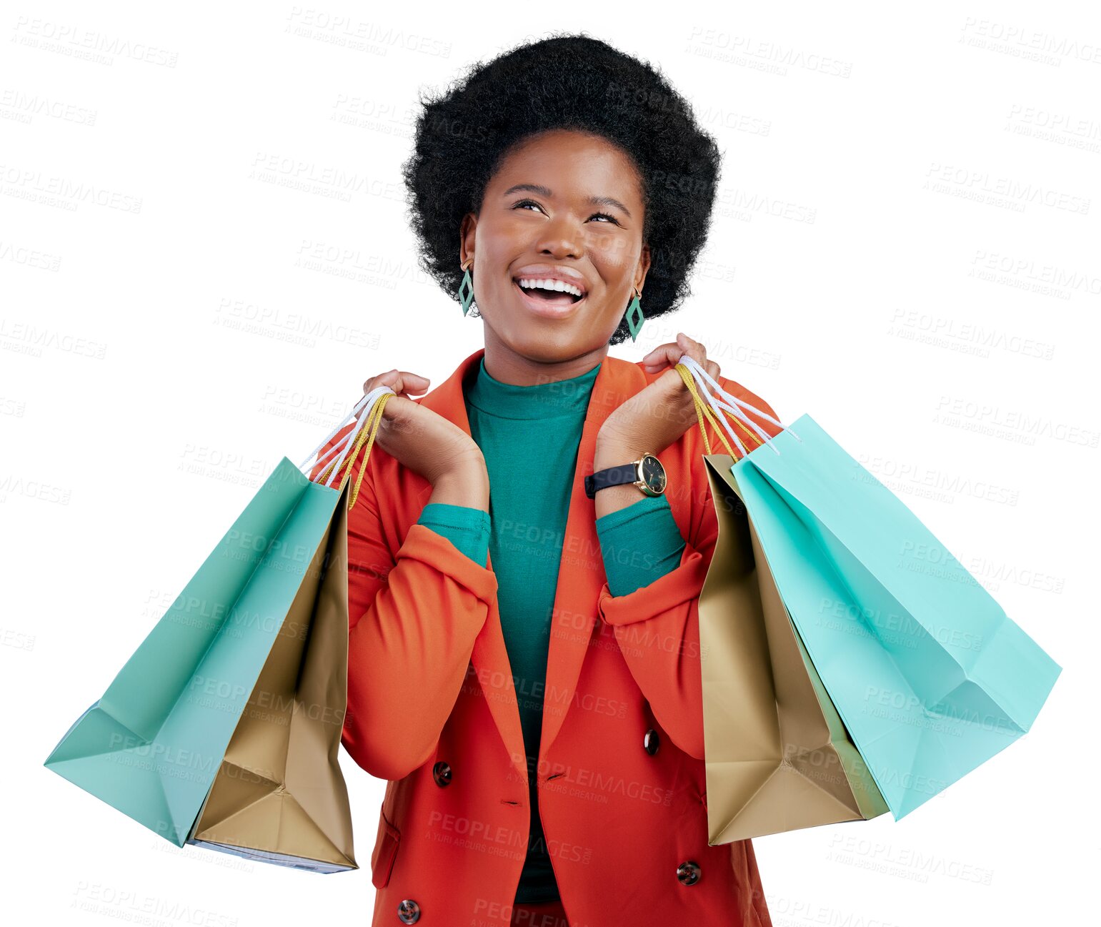 Buy stock photo Retail, sale and happy black woman with shopping bags, deal or store promotion on isolated, transparent or png background. Smile, face of African female customer with mall deal, news or cashback gift