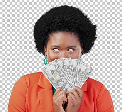 Buy stock photo Money fan, eyes and black woman with bank, loan or payment on isolated, transparent or png background. Budget, success and African model with cash, offer or poker, bingo or casino, award or savings