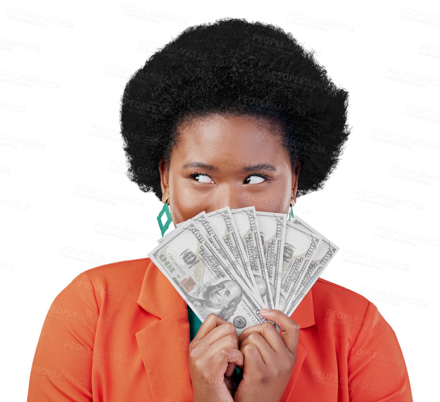 Buy stock photo Money fan, eyes and black woman with bank, loan or payment on isolated, transparent or png background. Budget, success and African model with cash, offer or poker, bingo or casino, award or savings