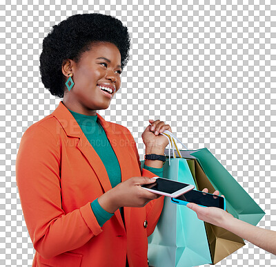 Buy stock photo Isolated woman, phone payment and shopping bag with pos, machine and deal by transparent png background. African person, girl and happy for fintech, digital customer experience and sale with discount