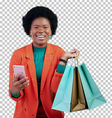 Buy stock photo Happy, portrait and black woman with phone, shopping bags or ecommerce deal on isolated, transparent or png background. Smartphone, app and African customer face with sign up, promo or online payment