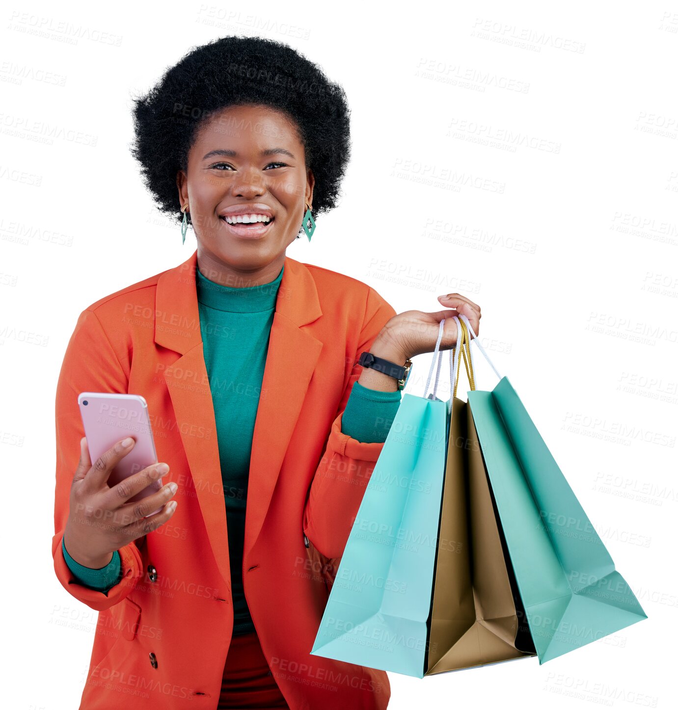 Buy stock photo Happy, portrait and black woman with phone, shopping bags or ecommerce deal on isolated, transparent or png background. Smartphone, app and African customer face with sign up, promo or online payment