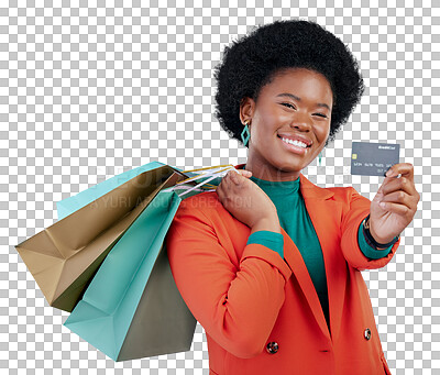 Buy stock photo African woman, shopping bag and credit card in portrait with smile by transparent png background. Isolated girl, banking and happy for discount, sale or gift with financial freedom, payment or store