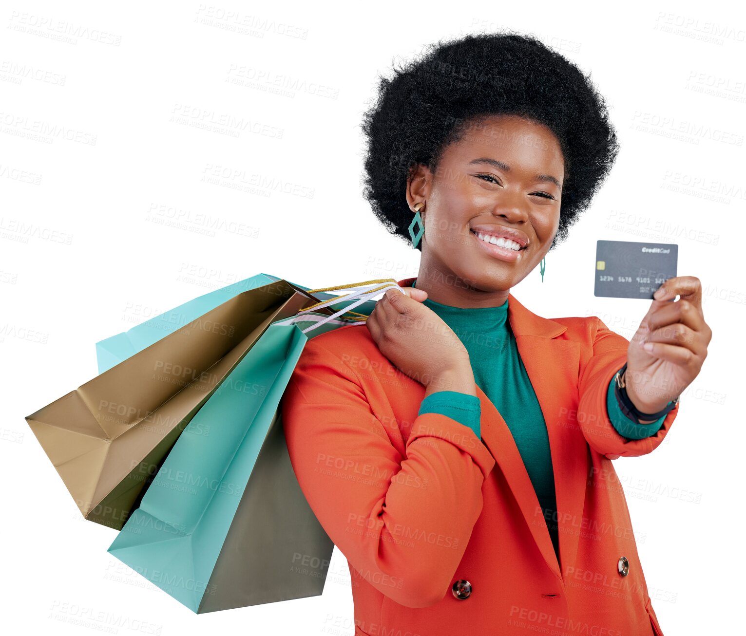 Buy stock photo African woman, shopping bag and credit card in portrait with smile by transparent png background. Isolated girl, banking and happy for discount, sale or gift with financial freedom, payment or store