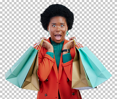 Buy stock photo Wow, sale and portrait of black woman with shopping bags, deal or store promo on isolated, transparent or png background. Surprise, emoji and face of African customer with retail deal, news or gift