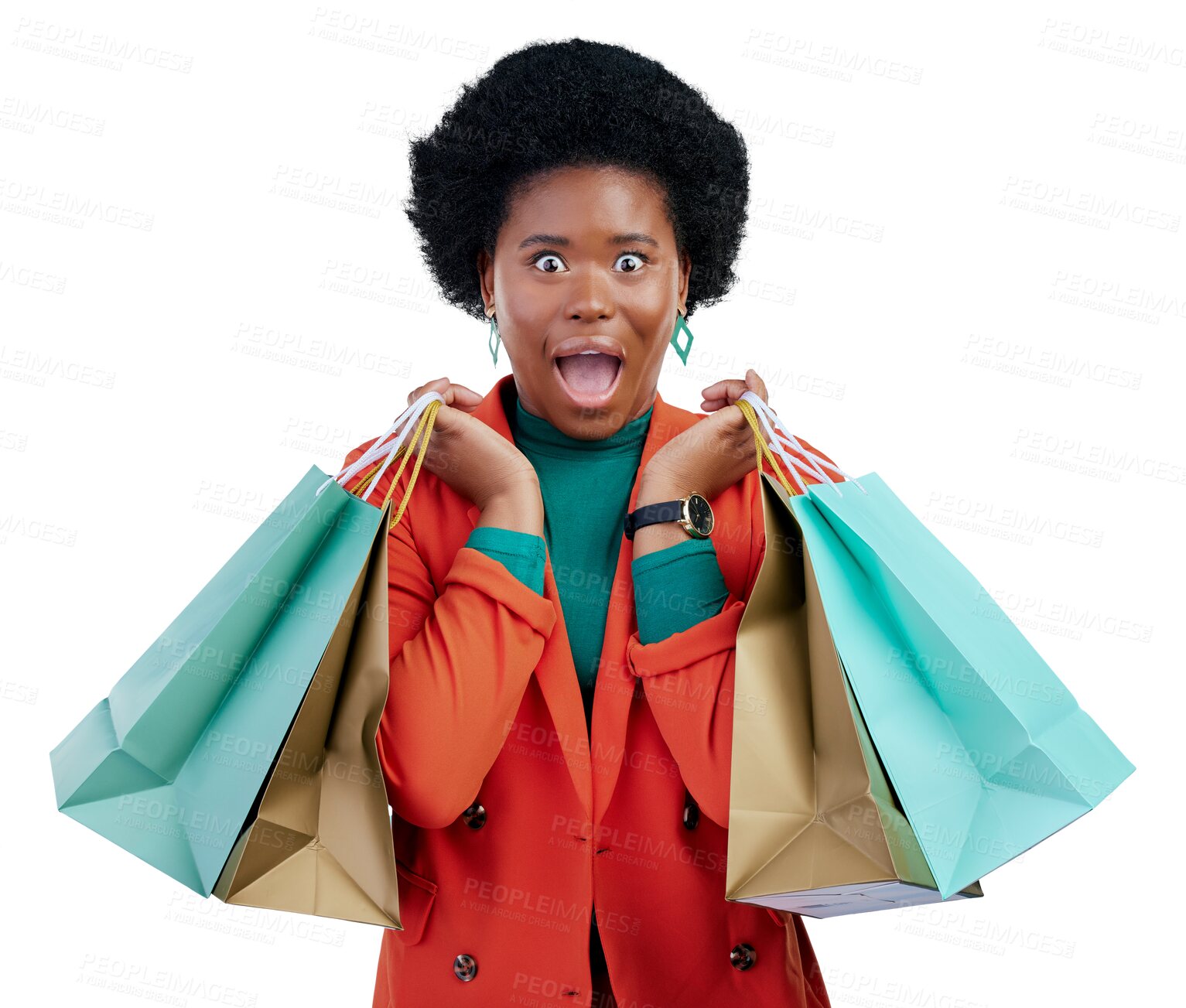 Buy stock photo Wow, sale and portrait of black woman with shopping bags, deal or store promo on isolated, transparent or png background. Surprise, emoji and face of African customer with retail deal, news or gift