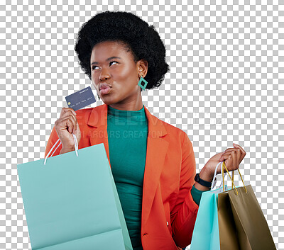 Buy stock photo Credit card, shopping bag and black woman thinking of  sale, deal or commerce on isolated, transparent or png background. Finance, payment and African customer with retail, cashback or budget success