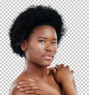 Buy stock photo Face, skincare and beauty of black woman, confident and isolated on transparent png background. Serious, portrait and natural model with cosmetics, facial treatment or aesthetic, wellness or health