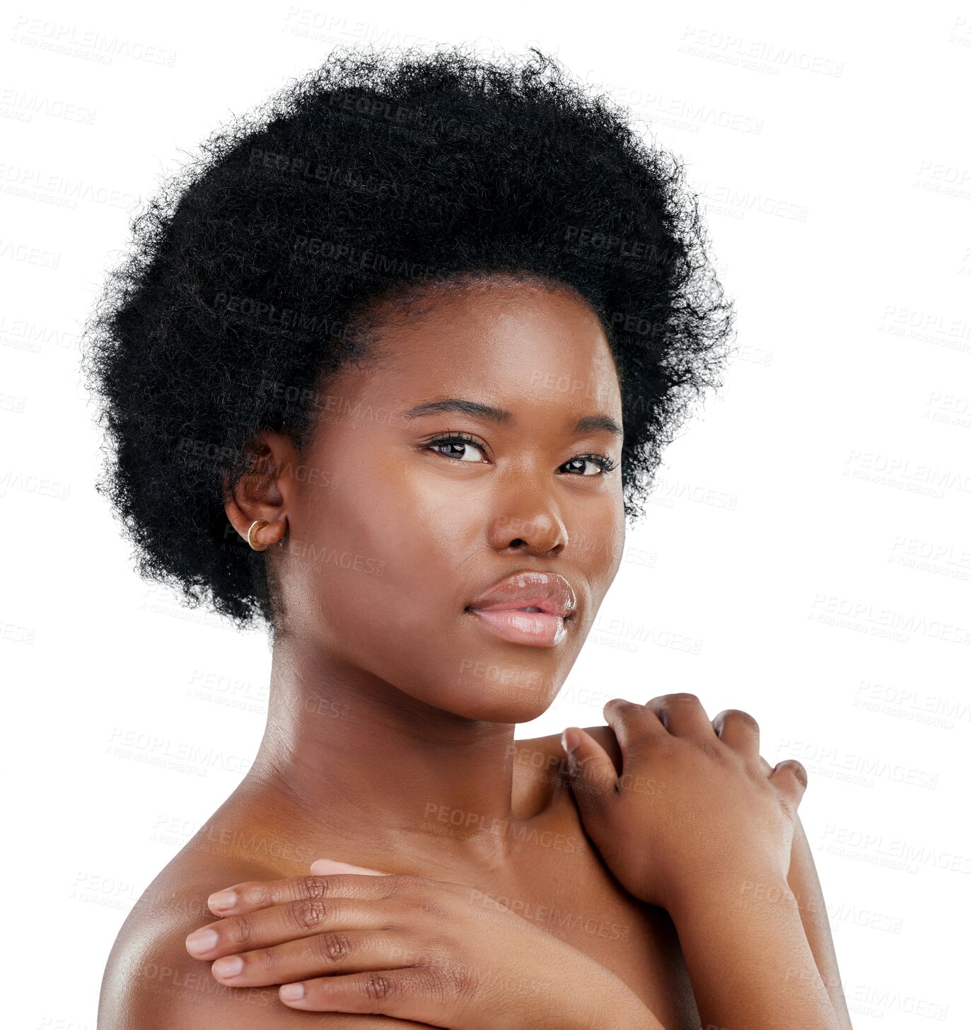 Buy stock photo Face, skincare and beauty of black woman, confident and isolated on transparent png background. Serious, portrait and natural model with cosmetics, facial treatment or aesthetic, wellness or health