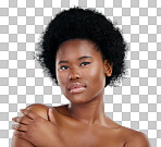 Skincare, face and beauty of black woman, serious and isolated i