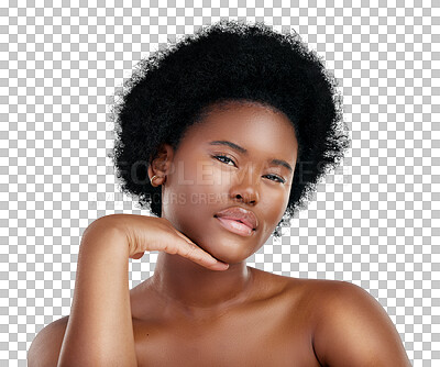 Buy stock photo Beauty, skincare and portrait of young black woman with natural, cosmetic and facial routine. Health, face and African female model with dermatology treatment isolated by transparent png background.