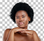 Beauty, face and skincare of black woman with hands in studio is