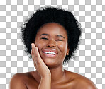 Happy black woman, portrait and afro in skincare, natural beauty