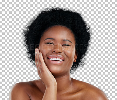 Buy stock photo Happy, skincare and portrait of young black woman with natural, cosmetic and facial routine. Health, face and African female model with dermatology treatment isolated by transparent png background.