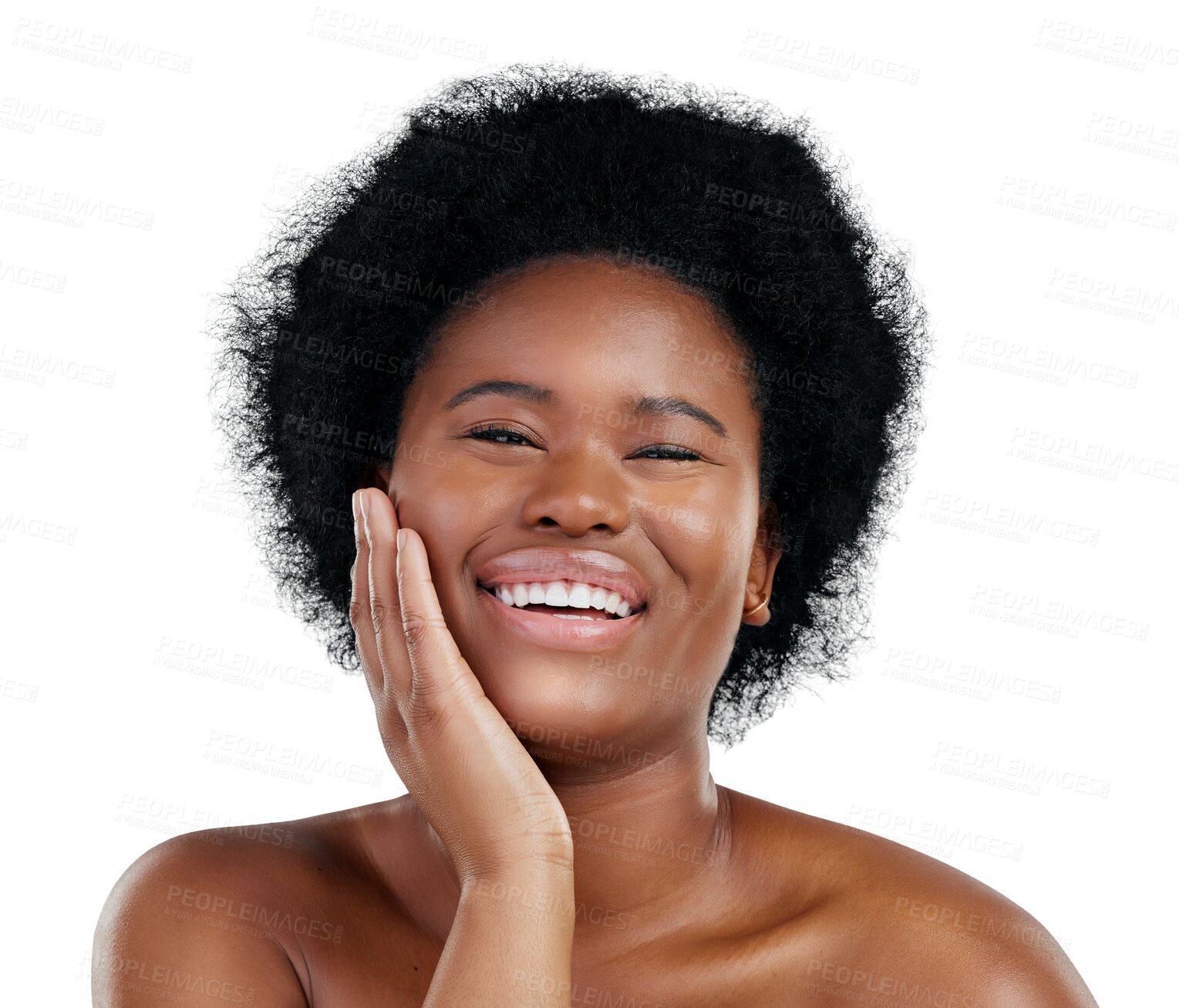 Buy stock photo Happy, skincare and portrait of young black woman with natural, cosmetic and facial routine. Health, face and African female model with dermatology treatment isolated by transparent png background.