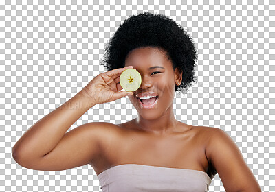 Buy stock photo Happy black woman, portrait and apple for diet, natural nutrition or health isolated on png transparent background. Face, African female person or smile with organic fruit for fiber, vitamins or body