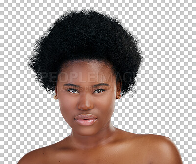 Buy stock photo Skincare, portrait and beauty of black woman, serious and isolated on png transparent background. Confident, face and natural model with cosmetics, facial treatment or aesthetic, wellness and health