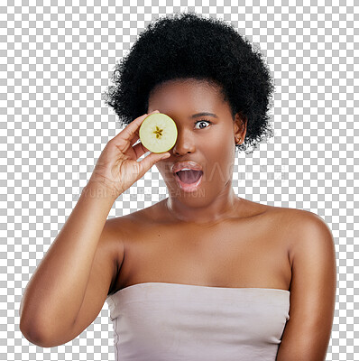 Buy stock photo Surprised black woman, portrait or apple for diet, natural nutrition or health isolated on png transparent background. Face, African female person or wow and organic fruit for fiber, vitamins or body