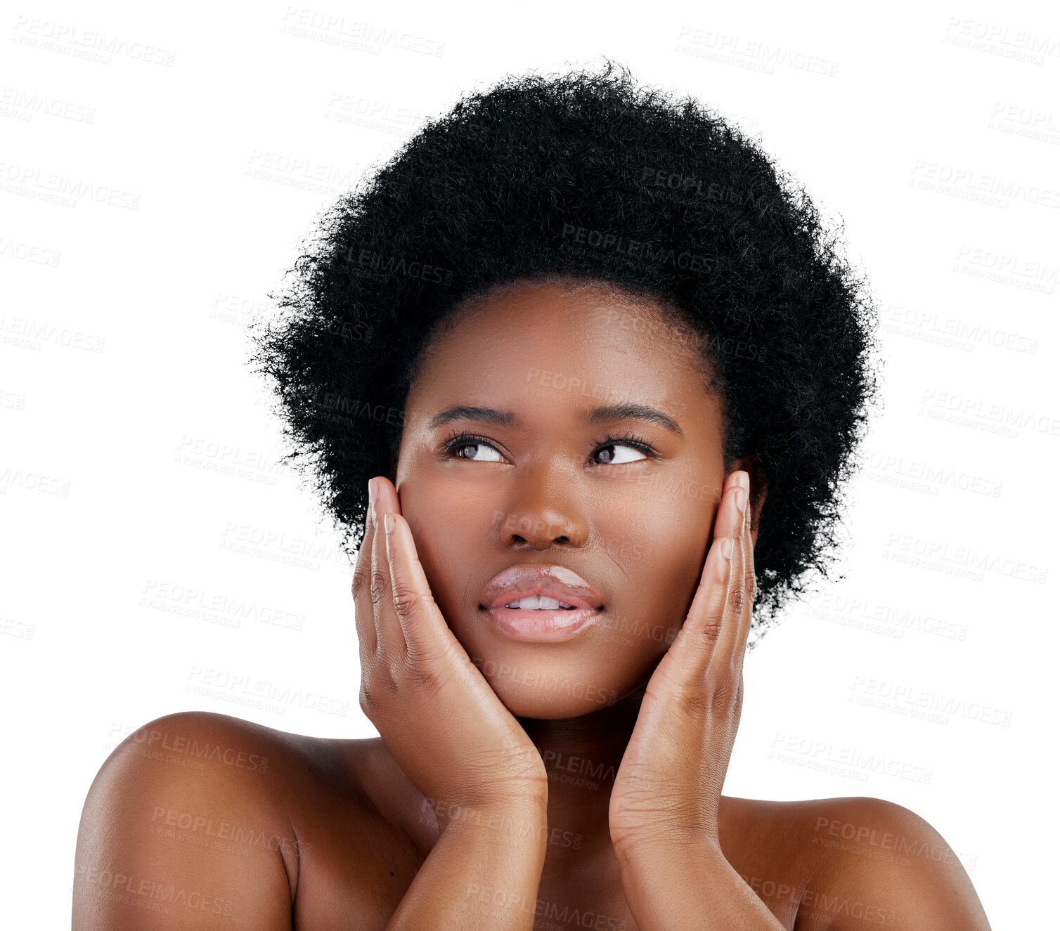 Buy stock photo Beauty, skincare and young black woman with natural, cosmetic and facial wellness routine. Health, face and African female model with dermatology treatment isolated by transparent png background.