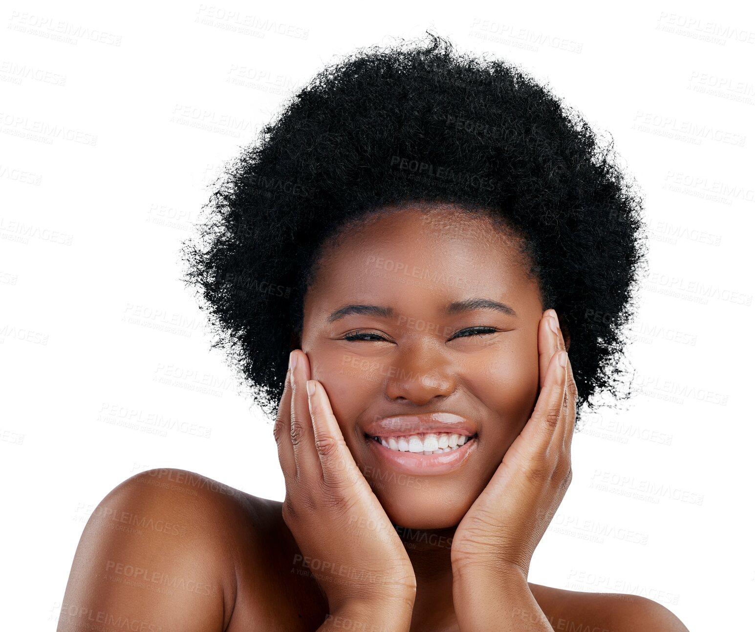 Buy stock photo Beauty, smile and portrait of young black woman with skincare, cosmetic and facial routine. Health, happy and African female model with dermatology treatment isolated by transparent png background.