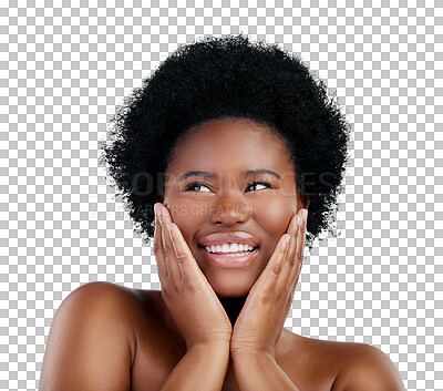 Buy stock photo Health, skincare and young black woman with natural, cosmetic and facial routine. Beauty, smile and face of African female model with dermatology treatment isolated by transparent png background.