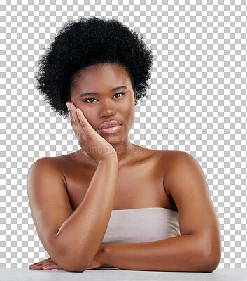 Buy stock photo Skincare, portrait and beauty of black woman, serious and isolated on png transparent background. Confident, face and natural model with cosmetics, facial treatment or aesthetic, wellness and health