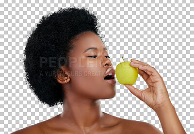 Buy stock photo Happy black woman, eating and apple for diet, natural nutrition or health isolated on png transparent background. Face, African female person or afro with organic fruit for fiber, vitamins or body