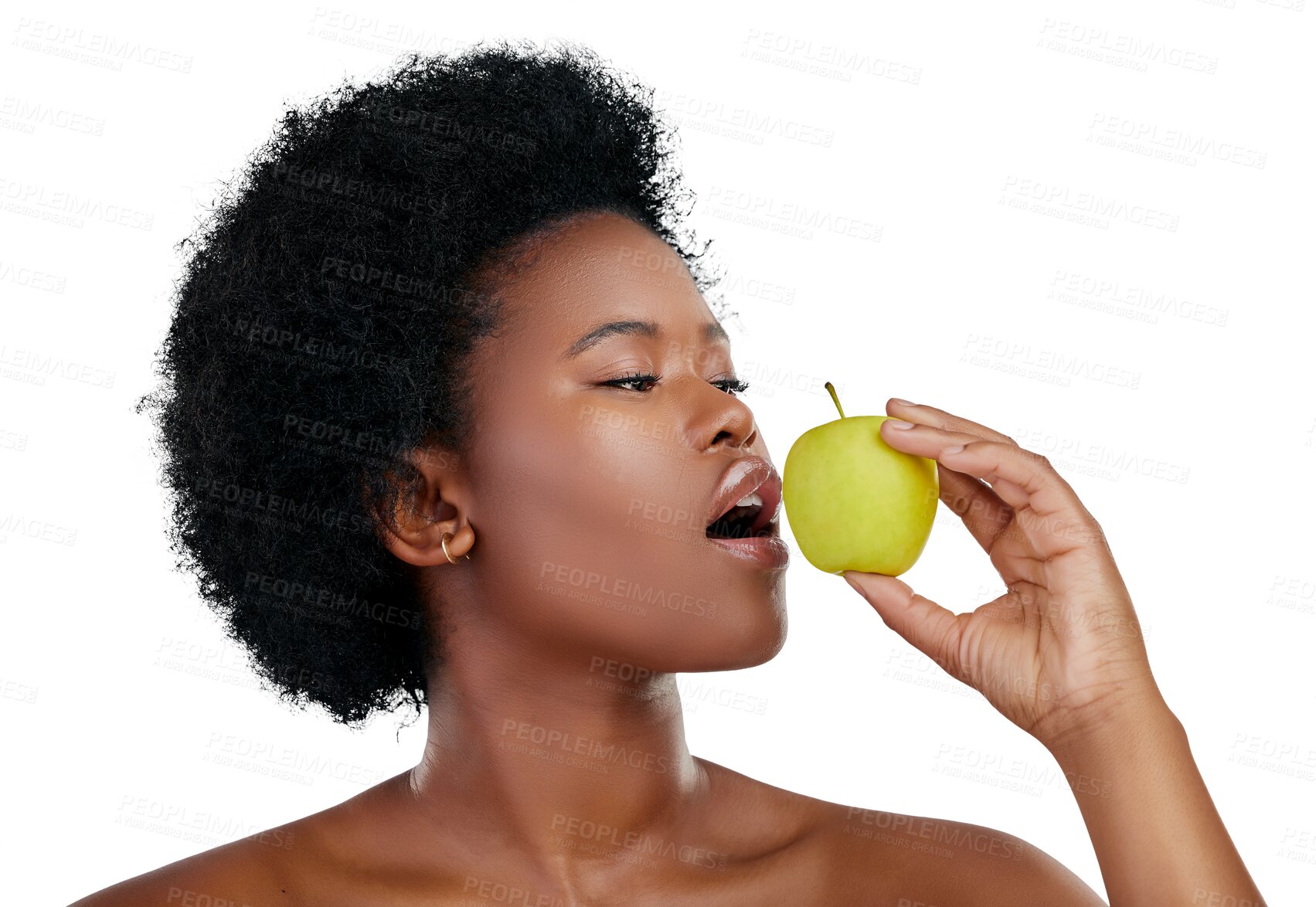 Buy stock photo Happy black woman, eating and apple for diet, natural nutrition or health isolated on png transparent background. Face, African female person or afro with organic fruit for fiber, vitamins or body