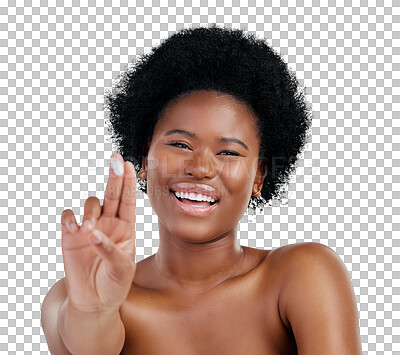 Buy stock photo Woman, hand and cream for hydration, smile and positive mindset for skincare, lotion and wellness. Black person, portrait and beauty or cosmetics, happy and isolated on transparent png background