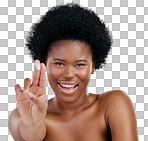 Face, smile and black woman with cream for skincare in studio is