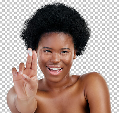 Buy stock photo Woman, hand and cream in portrait, smile and luxury product for skincare, lotion and wellness. Black person, hydration and beauty or cosmetics, happy and isolated on transparent png background