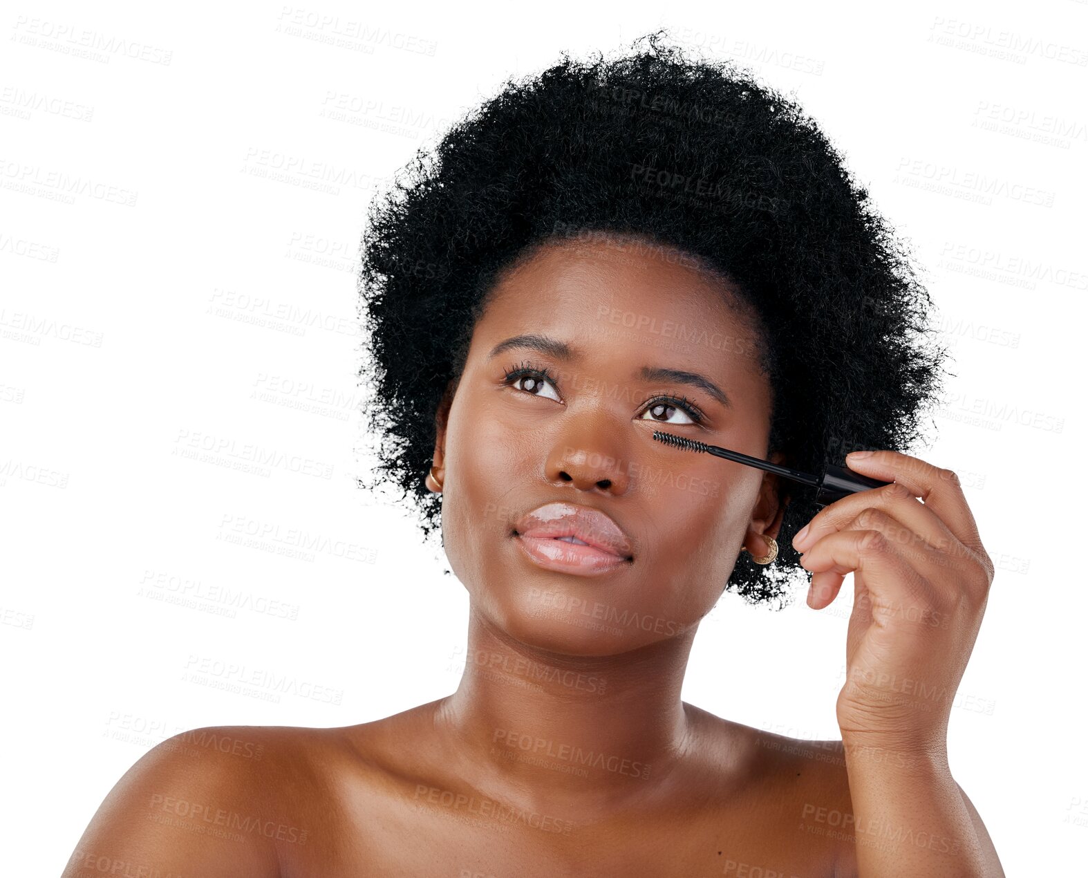 Buy stock photo Black woman, face and mascara brush on eyes for skincare beauty on isolated transparent png background. Makeup, female person applying eye product, cosmetics and eyelashes for facial treatment