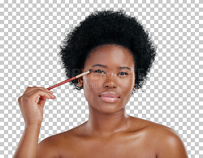 Buy stock photo Black woman, portrait and makeup brush on eyes for skincare beauty on isolated transparent png background. Face of African female person applying eye product, cosmetics or lashes for facial treatment