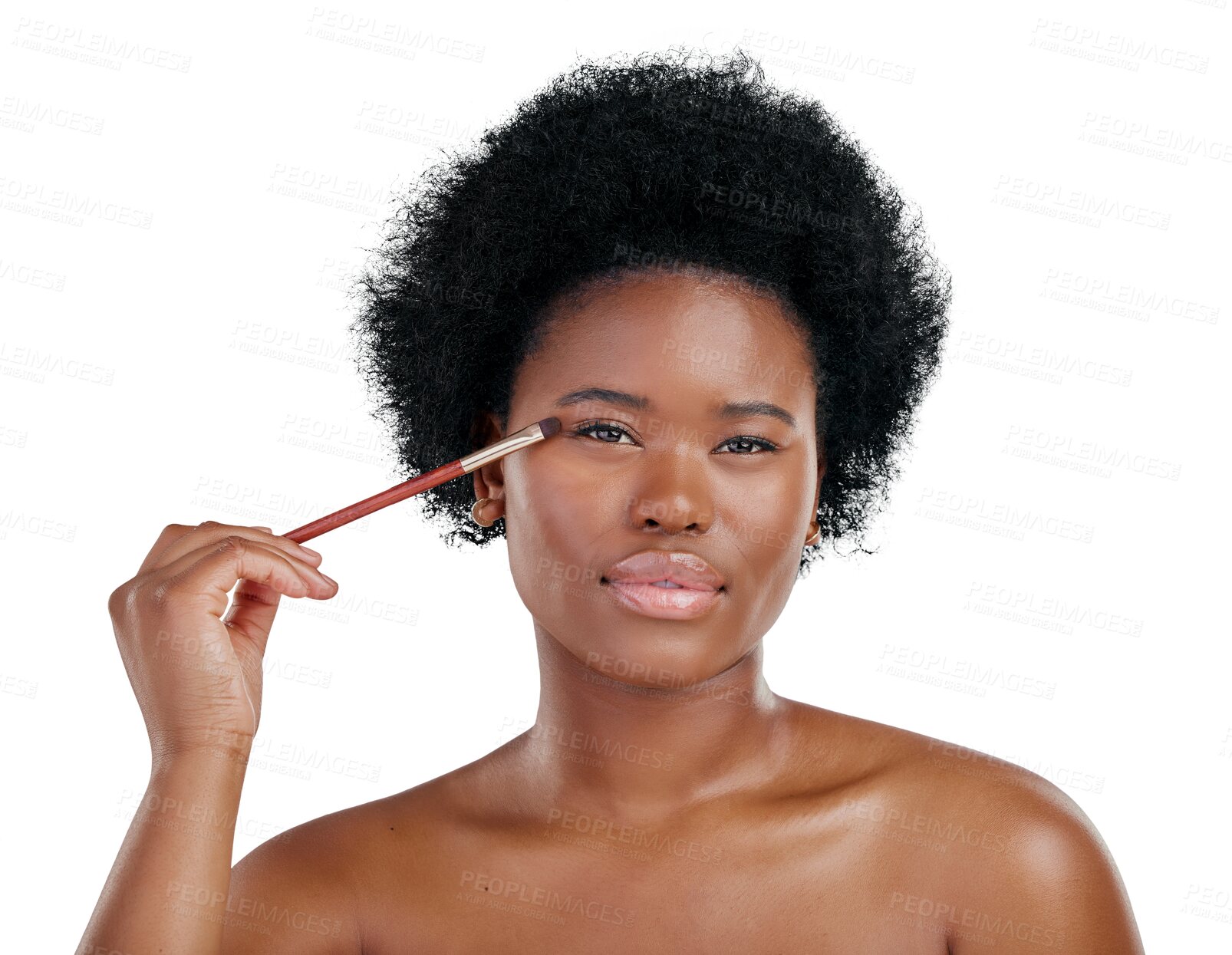 Buy stock photo Black woman, portrait and makeup brush on eyes for skincare beauty on isolated transparent png background. Face of African female person applying eye product, cosmetics or lashes for facial treatment