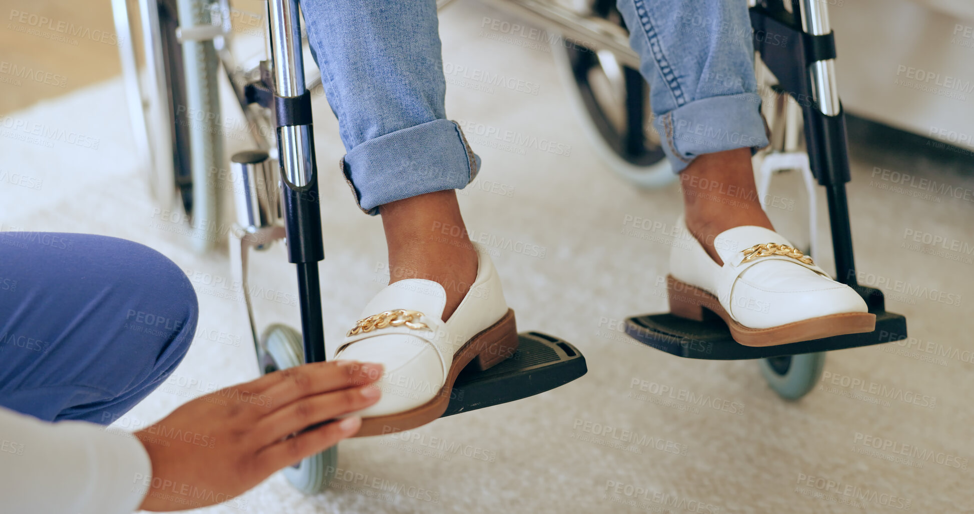 Buy stock photo People, feet or wheelchair for healthcare, rehabilitation or therapy for mobility, care or comfort in hospital. Medical, nurse or professional for legs checkup, consultation or helping hand at clinic