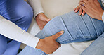 Physiotherapist, hands and closeup for knee, joint pain or helping for care, recovery or clinic consultation. Doctor, nurse and patient with injury in hospital assessment, check or exam for wellness
