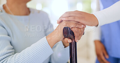 Buy stock photo Nurse, patient and hands or walking stick closeup or bad news comfort, trust or diagnosis results. Medical worker, old woman and mobility assistance or fingers or caregiver advice, clinic or hospital