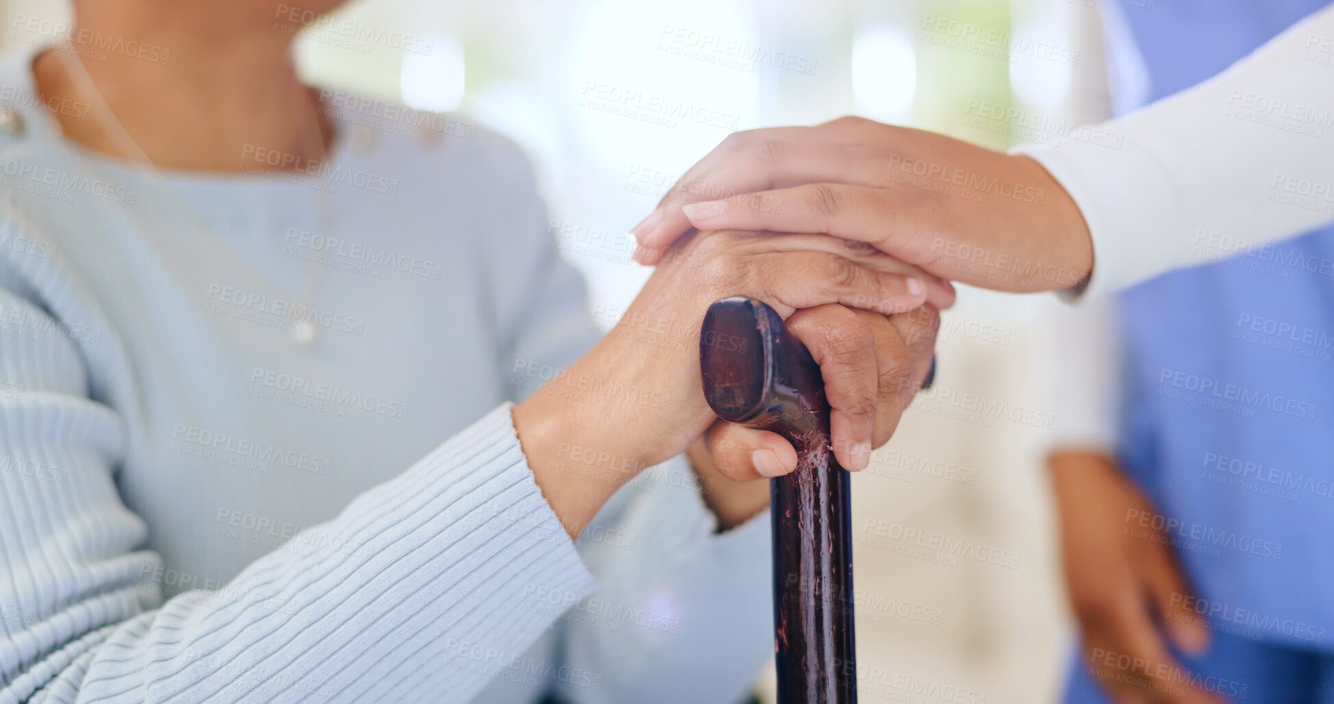 Buy stock photo Nurse, patient and hands or walking stick closeup or bad news comfort, trust or diagnosis results. Medical worker, old woman and mobility assistance or fingers or caregiver advice, clinic or hospital