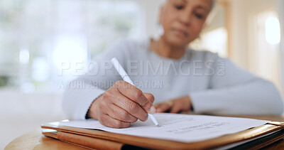 Buy stock photo Senior woman, sign and writing with documents, paperwork and application for life insurance policy. Person, hand and checklist for compliance, investment or will in retirement with signature in home