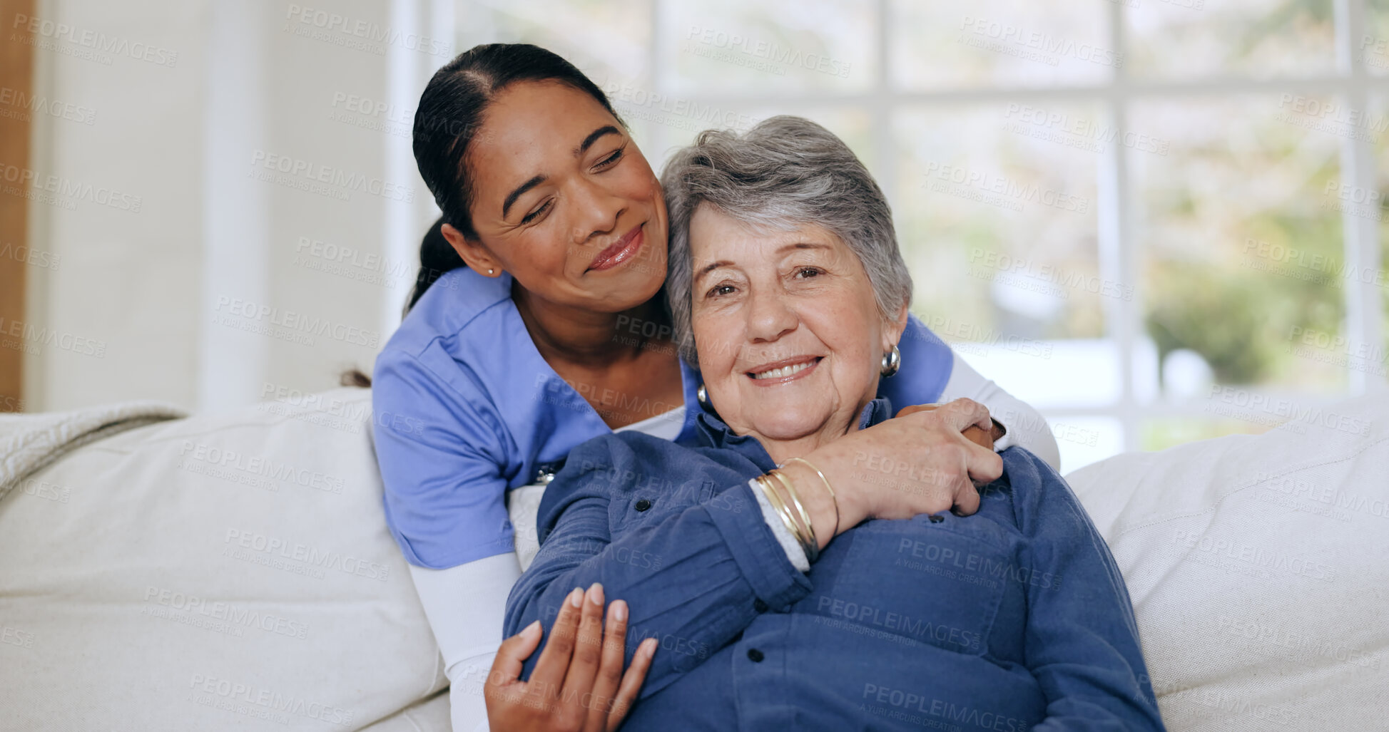 Buy stock photo Senior woman, nurse and hug on sofa, retirement home and caregiver for support, smiling and love. Friendly, empathy and elderly for healthcare, wellness and worker for patient, respect and nursing
