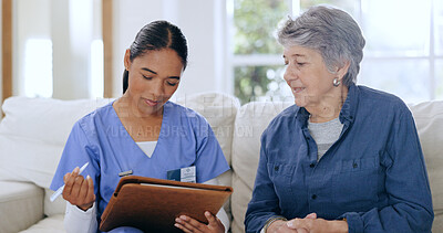 Buy stock photo Writing, consulting and nurse with senior woman on sofa for medical care, support and service. Healthcare, retirement and caregiver with elderly patient documents for insurance, diagnosis and report