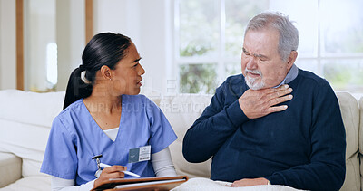 Buy stock photo Nurse, support and elderly man with neck pain, throat cancer and sick from infection, virus or injury. Home consultation, breathing problem and caregiver test, exam and writing medical survey notes