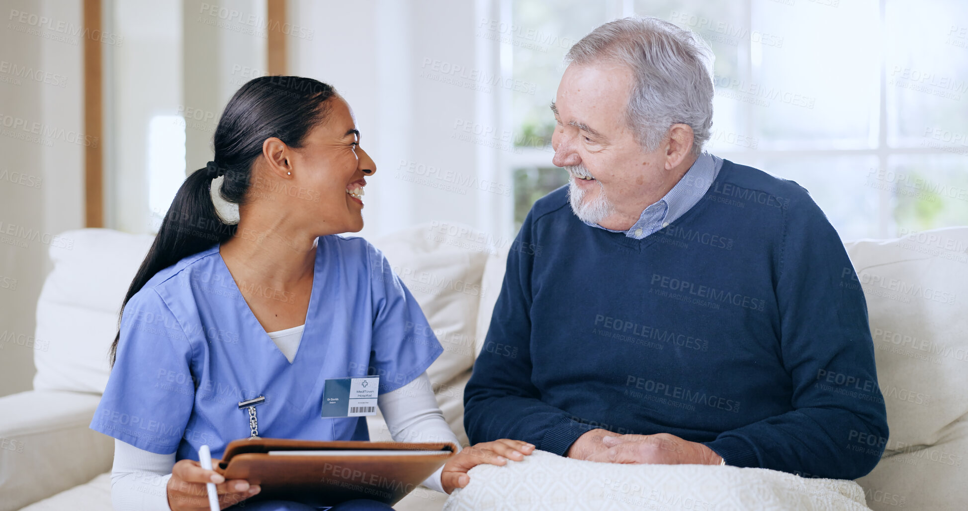 Buy stock photo Writing, consulting and nurse with senior man on sofa for medical care, support and service. Healthcare, retirement home and caregiver with elderly patient documents for insurance, checkup and report