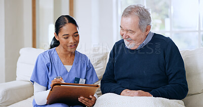 Buy stock photo Nurse, elderly happy man and woman writing questionnaire answers, client feedback or nursing home patient assessment. Consultation service, retirement and caregiver test, exam or medical survey notes