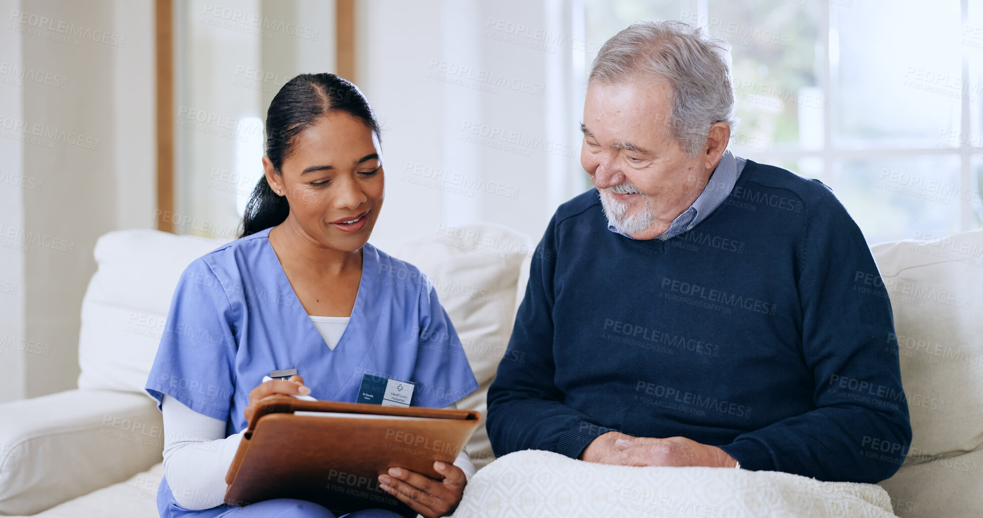 Buy stock photo Nurse, elderly happy man and woman writing questionnaire answers, client feedback or nursing home patient assessment. Consultation service, retirement and caregiver test, exam or medical survey notes