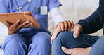Nurse, patient or hands closeup for support or tablet for 
diagnosis news, consultation or test result. Medical worker, person or trust for online anxiety stress empathy, wellness or report exam hope